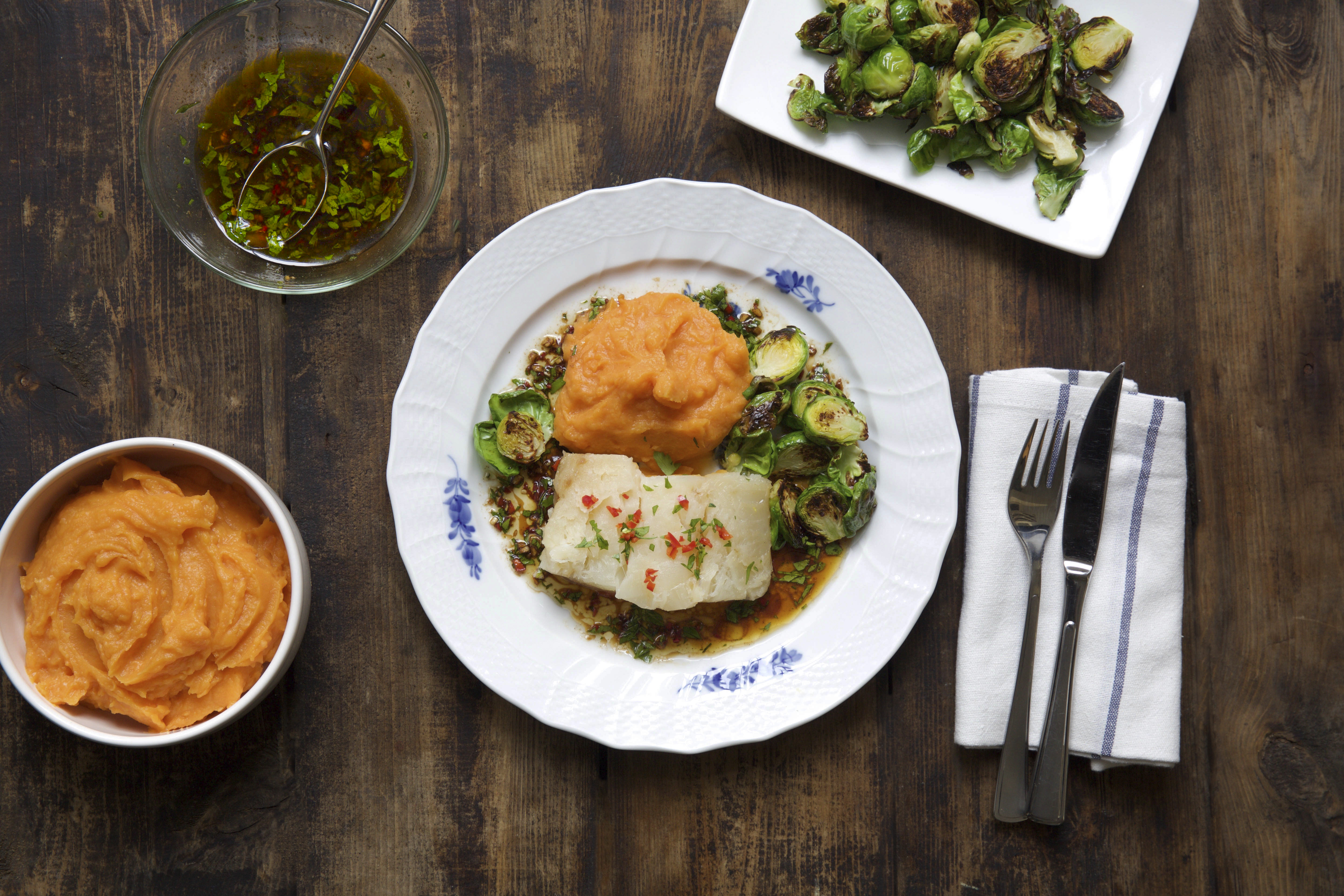 Lutefisk med soyasmør og søtpotetstappe