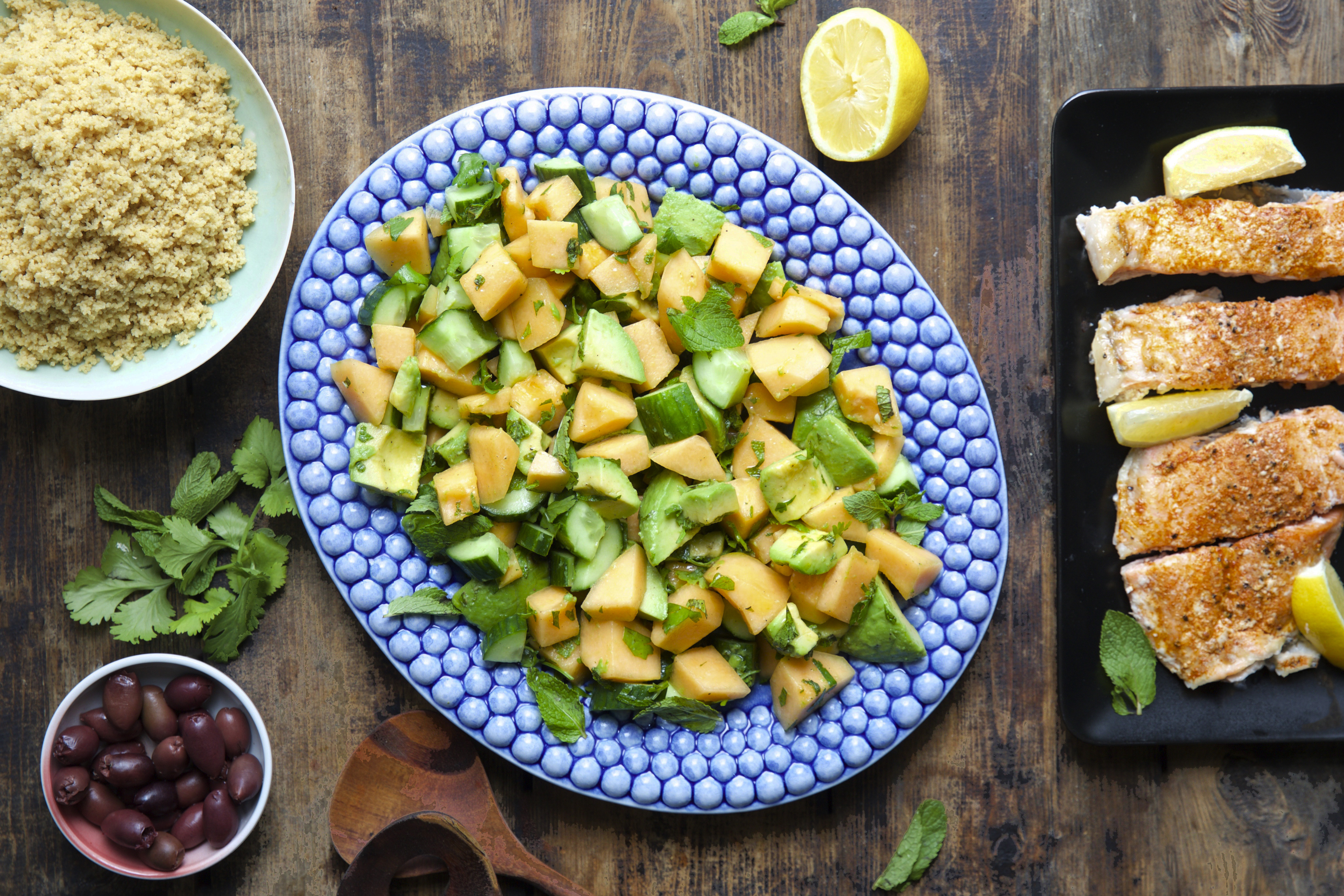 Cantaloupe salat med laks